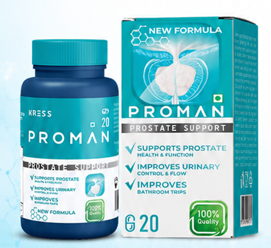 KREES PROMAN ORIGINAL प्रोस्टेट सपोर्ट कैप्सूल की बोतल और डिब्बा